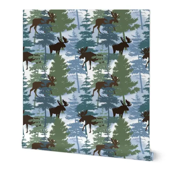 Peel & Stick Wallpaper 2FT Wide Blue Woods Outdoor Green Trees Moose Wildlife. Pines Forest Winter Custom Removable Wallpaper by Spoonflower {7}