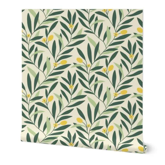 Peel & Stick Wallpaper 2FT Wide Green Yellow Botanical Garden Floral Nature Abstract Olive Medium Scale Custom Removable Wallpaper by Spoonflower {7}