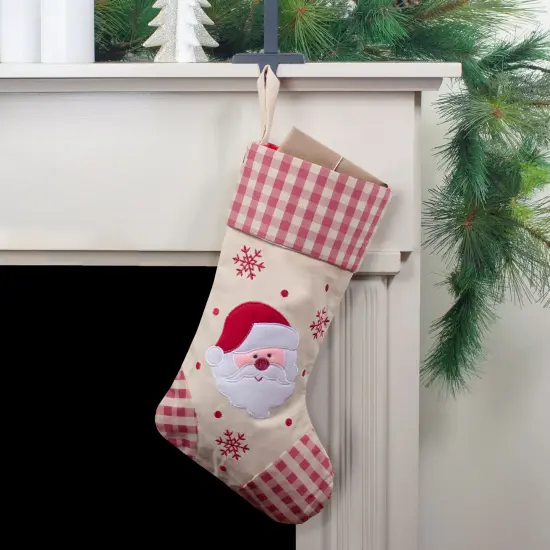 Northlight 16.5" Red and Ivory Embroidered Santa Claus Christmas Stocking with Gingham Cuff {3}