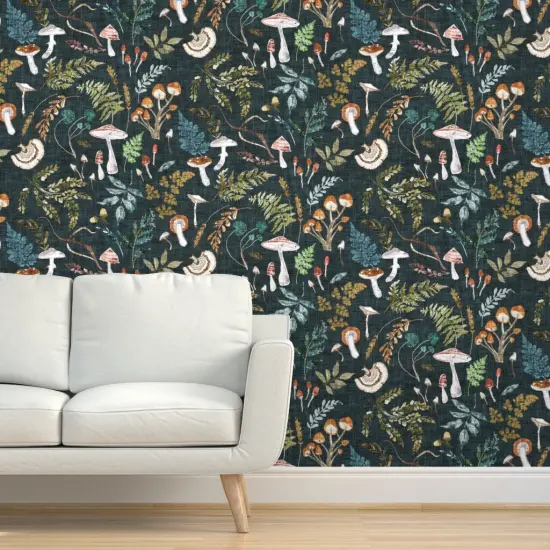Pre-Pasted Wallpaper 2FT Wide Mushrooms Moody Botanical Woodland Ferns Leaves Nature Cottagecore Custom Pre-pasted Wallpaper by Spoonflower {5}