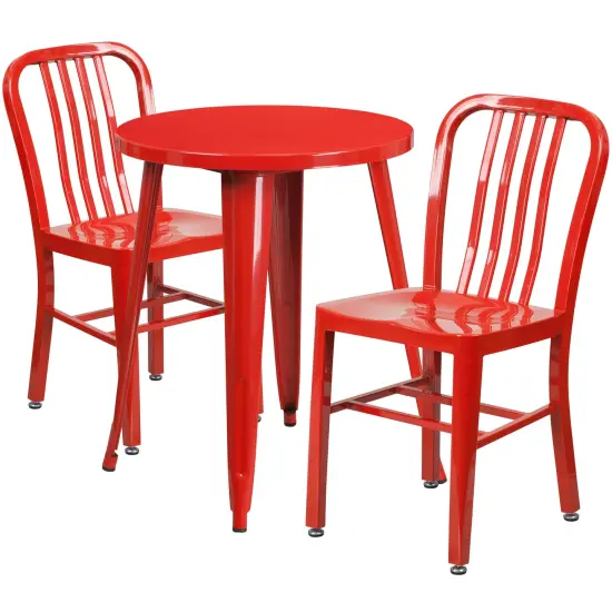 Emma and Oliver Commercial Grade 24" Round Metal Indoor-Outdoor Table Set & 2 Slat Back Chairs Red {1}