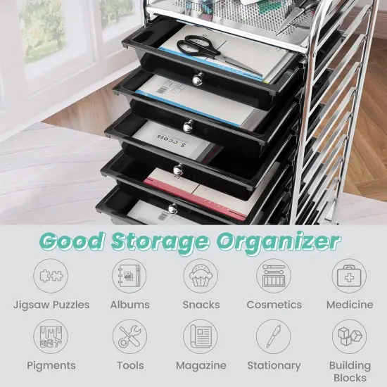 Costway 10 Drawer Rolling Storage Cart Scrapbook Paper Office School Organizer Black\Mix Color\Yellow {6}