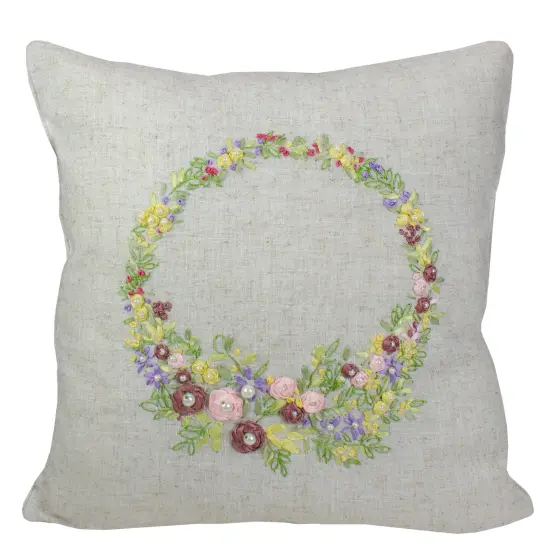 C&F Home 16" Square Beige Floral Wreath Throw Pillow {1}