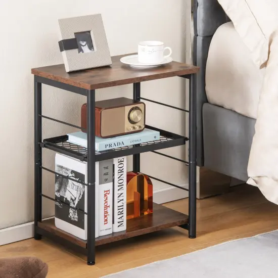 3-Tier Industrial Side Table with Adjustable Mesh Shelf-Rustic Brown {3}