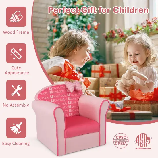 Costway Kids Cute Pink Bow Sofa Children Couch Toddler Upholstered Armchair Solid Wood {4}