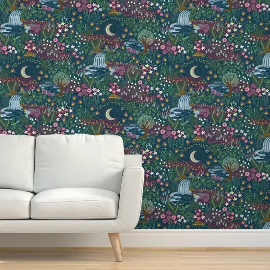 Peel & Stick Wallpaper 2FT Wide Magical Garden Woodland Floral Whimsical Night Botanical Fireflies Moon Jewel Tone Custom Removable Wallpaper by Spoonflower {5}