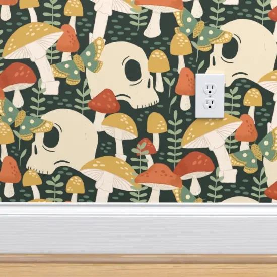 Pre-Pasted Wallpaper 2FT Wide Red Yellow Butterfly Woodland Gothic Skulls Moth Small Scale Custom Pre-pasted Wallpaper by Spoonflower {4}
