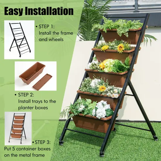 Costway 5-Tier Vertical Raised Garden Bed Elevated Planter with Wheels & Container Boxes Brown {5}