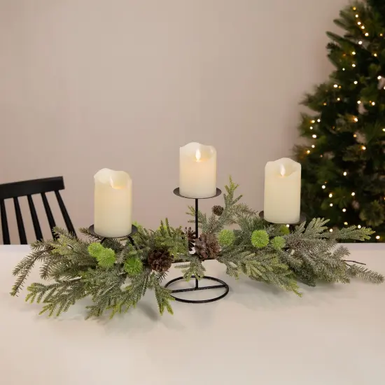 Northlight Triple Candle Holder with Frosted Foliage and Pine Cones Christmas Decoration - 26" Black {4}