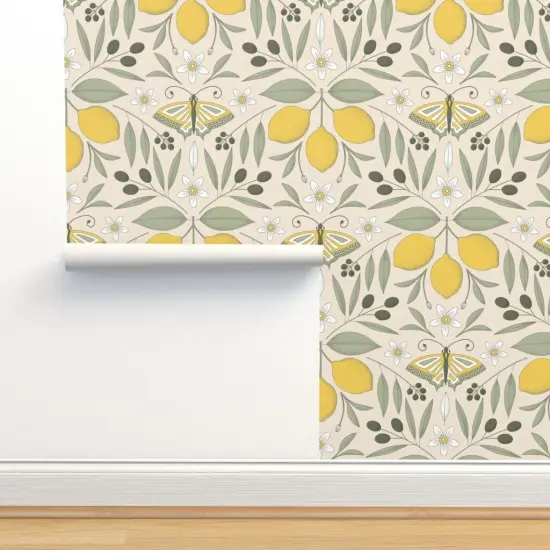 Pre-Pasted Wallpaper 2FT Wide Yellow Butterfly Damask Olive Lemon Botanical Italy Pastel Colors Mediterranean Tree Large Scale Citrus Moth Insects Custom Pre-pasted Wallpaper by Spoonflower {2}