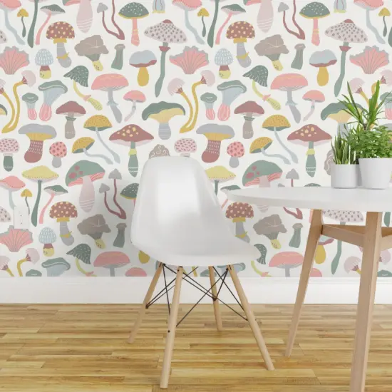 Pre-Pasted Wallpaper 2FT Wide Neutral Mushrooms Neutral Pink Green Kids Baby Nursery Gender Custom Pre-pasted Wallpaper by Spoonflower {1}