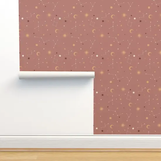 Pre-Pasted Wallpaper 2FT Wide Brown Stars Sky Constellations Space Moon Boho Astronomy Whimsical Medium Scale Custom Pre-pasted Wallpaper by Spoonflower {2}