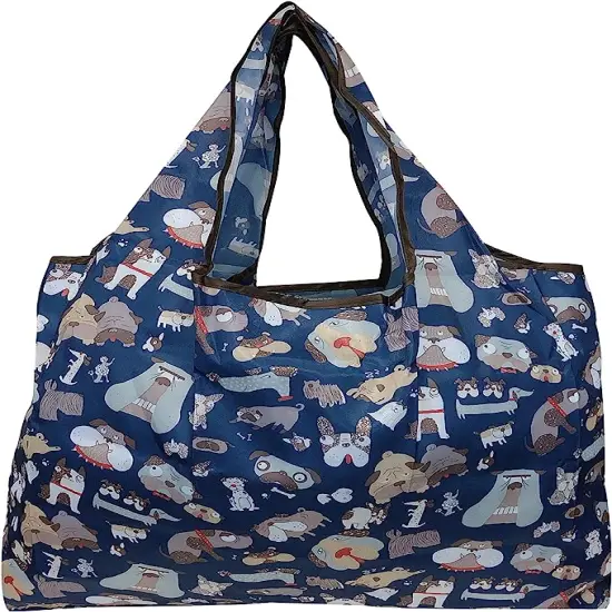 Wrapables Large Foldable Tote Nylon Reusable Grocery Bags, 5 Pack Animals in Blue {4}