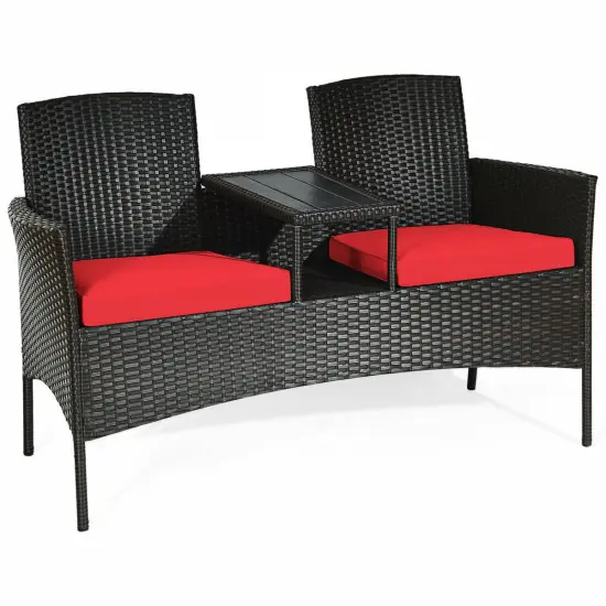 Modern Patio Conversation Set with Built-in Coffee Table and Cushions Red {3}