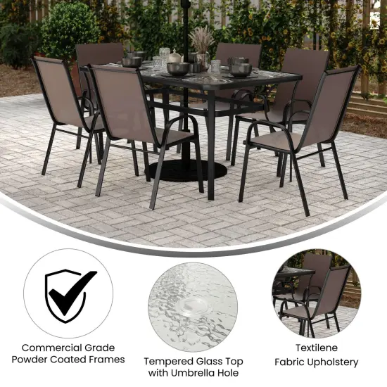 Merrick Lane Bardwell 7 Piece Outdoor Dining Table Set for 6 with Glass-Top Patio Table and 6 Stack Chairs with Flex Comfort Material Gray {8}