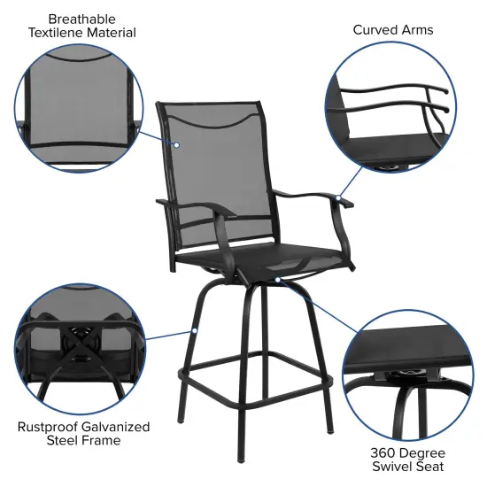 Merrick Lane Set of 2 Brett High Back Bar Height Swivel Patio Stools with Powder Coated Metal Frames and Textilene Upholstery Black {3}
