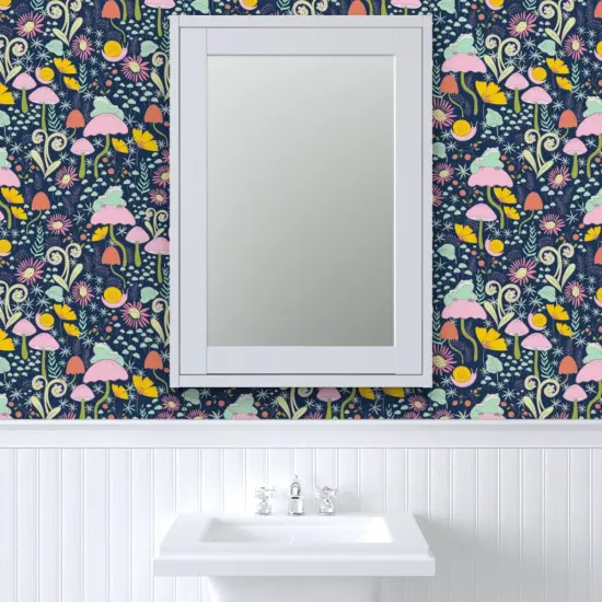 Pre-Pasted Wallpaper 2FT Wide Whimsical Forest Blue Snails Frogs Mushrooms Small Scale Custom Pre-pasted Wallpaper by Spoonflower {6}