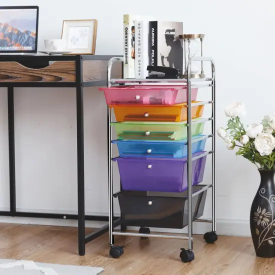Multi-functional 6 Drawers Rolling Storage Cart Organizer with Four Movable Casters Clear Multicolor {4}