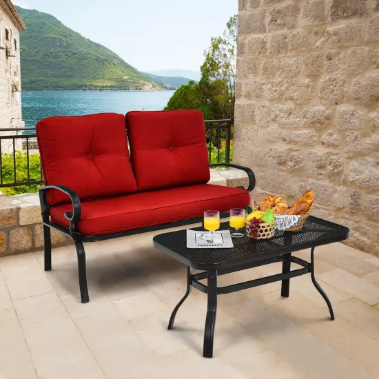 2 Pieces Patio Loveseat Bench Table Furniture Set with Cushioned Chair Red {6}
