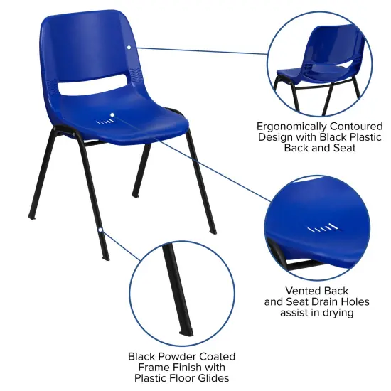 Emma and Oliver Ergonomic Kid's Shell Stack Chair - 14" Seat Daycare Home School NavyPlastic/Black {3}