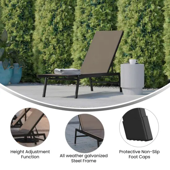 Emma and Oliver Braelin Textilene Adjustable 5 Position Patio Chaise Lounge and Metal Frame Black/Brown {2}