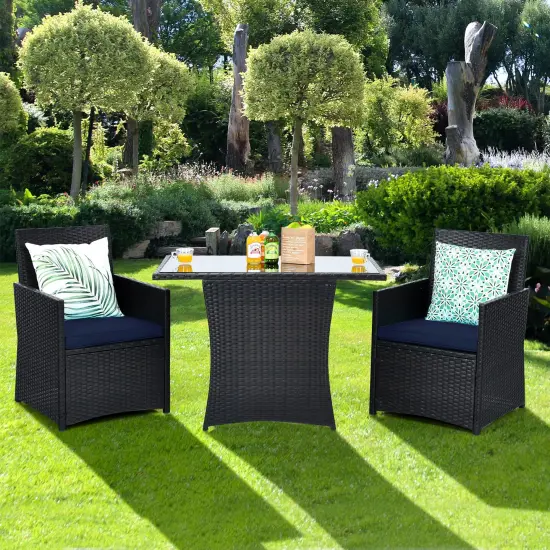 3 Pieces Patio Rattan Furniture Set with Cushion and Sofa Armrest Navy {1}