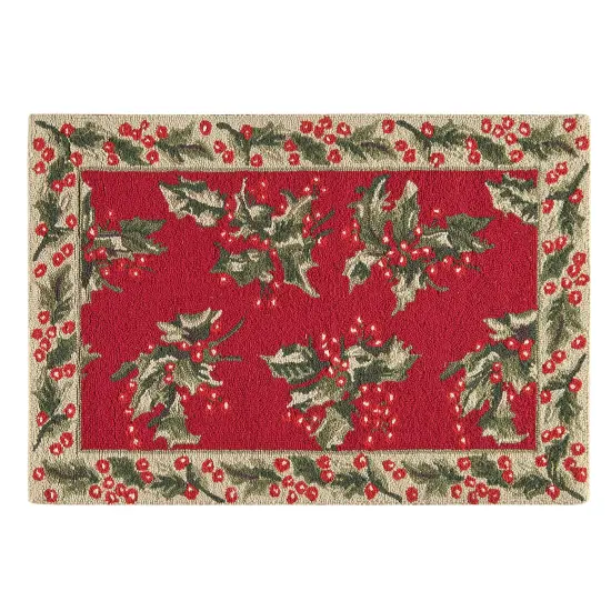 2' x 3' Christmas Holly Leaves Berries Holiday Botanical Mistletoe Wool Traditional Handcrafted Premium Hooked Indoor Area Rug {1}