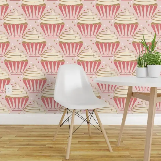 Peel & Stick Wallpaper 2FT Wide Large Scale Pink Cupcakes Atomic Birthday Party Retro Vintage Strawberry Celebration Vanilla Yellow Mid Century Stars Cosmic Cake Desserts Custom Removable Wallpaper by Spoonflower {1}