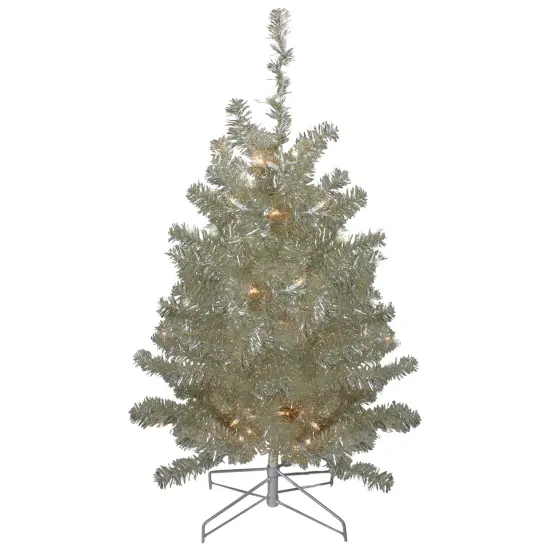 Northlight 3' Metallic Platinum Artificial Tinsel Christmas Tree - Clear Lights Silver {3}
