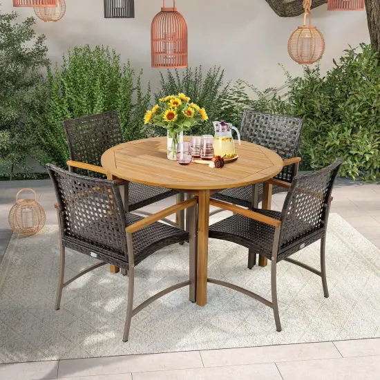 Costway Set of 4 Patio Dining Chairs Outdoor Wicker Armchairs with Acacia Wood Armrests {2}