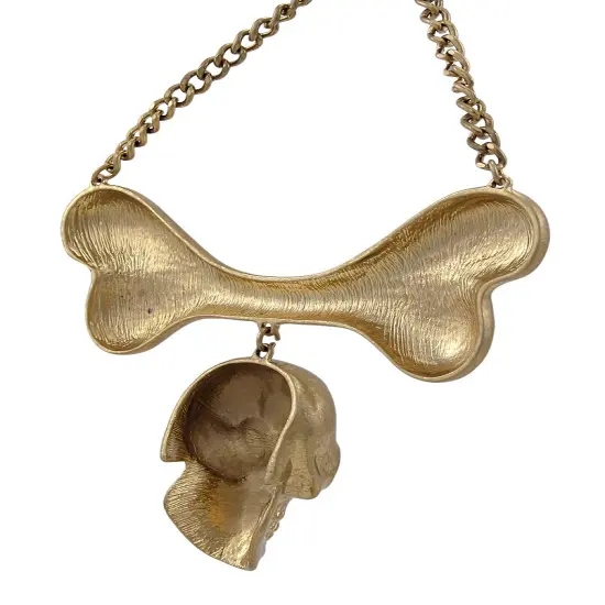 Burnished Goldtone Skull And Bones Bib Necklace - Matching Earrings {3}