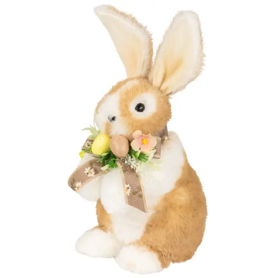 Northlight Plush Rabbit with Floral Bow Easter Figurine - 10.25" Brown {1}