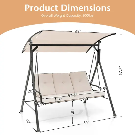 Costway 3-Person Hammock Chair Patio Porch Swing with Adjustable Canopy, Removable Cushion {5}