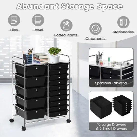 15-Drawers Multi-Use Rolling Storage Organizer Cart with Chrome Finish Steel Frame Perfect for Any Room Black {3}