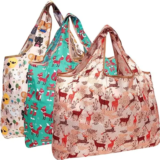 Wrapables Large Foldable Tote Nylon Reusable Grocery Bag, 3 Pack Holiday Animals {1}