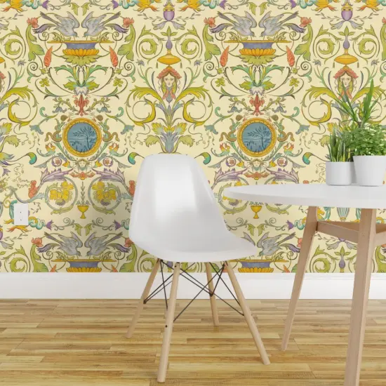 Pre-Pasted Wallpaper 2FT Wide Multicolor Baroque Renaissance Floral Fresco Botanical Birds Victorian Large Scale Water Color Horses. Italian Custom Pre-pasted Wallpaper by Spoonflower {1}