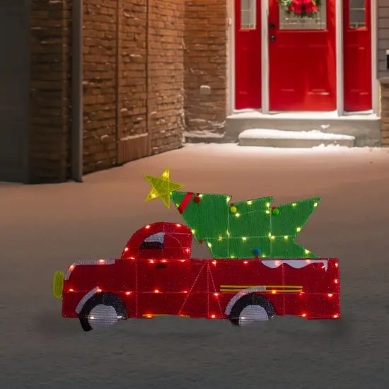 Northlight 36" LED Lighted Red Truck with Christmas Tree Outdoor Decoration {3}