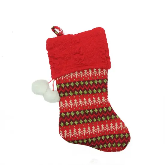 Northlight 19" Red and Green Sweater Knit Christmas Stocking with Pom Poms {1}