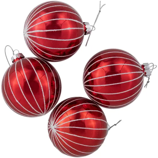 Northlight 4ct Shiny Red and White Striped Glass Ball Christmas Ornaments 3" (80mm) {5}