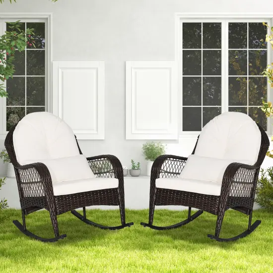Costway 2PCS Patio Wicker Rocking Chair W/Seat Back Cushions & Lumbar Pillow Balcony {8}