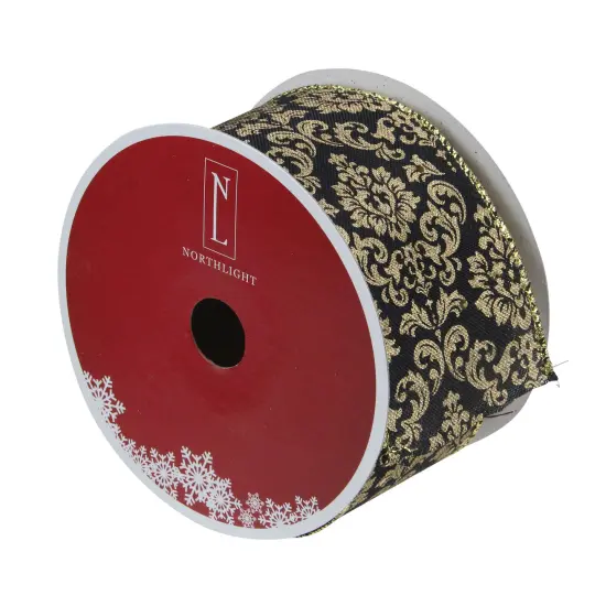 Northlight Black and Gold Damask Christmas Wired Craft Ribbon 2.5" x 16 Yards {3}