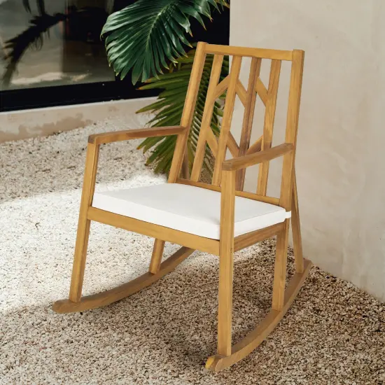 Patio Acacia Wood Rocking Chair Sofa with Armrest and Cushion for Garden and Deck White {2}