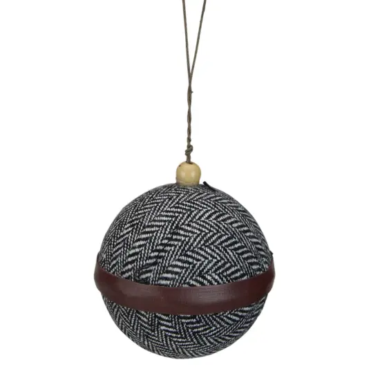 Kaemingk 4" Black and White Houndstooth With Brown Strip Fabric Christmas Ball Ornament {1}