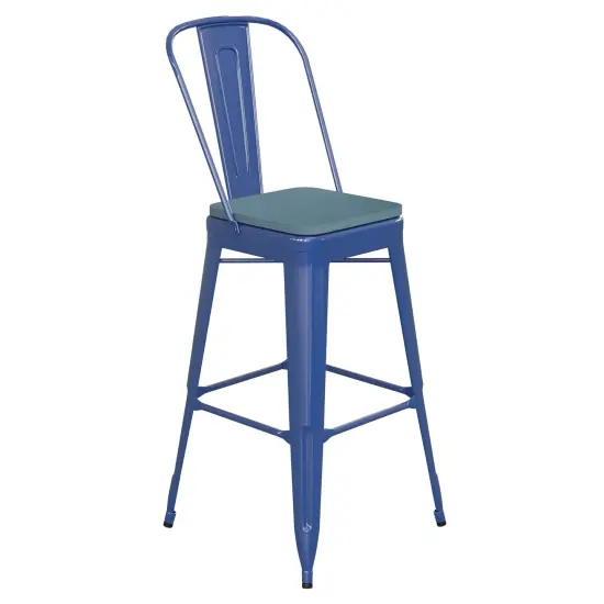 Emma and Oliver Kam Metal Indoor-Outdoor Stool with Removable Back and All-Weather Polystyrene Seat Blue/Teal-Blue {1}