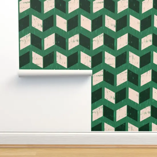 Peel & Stick Wallpaper 2FT Wide Vintage Cream Green Retro Dark Ikat Pattern Faux Modern Mid-Century Funky Geometric Large Scale Custom Removable Wallpaper by Spoonflower {2}
