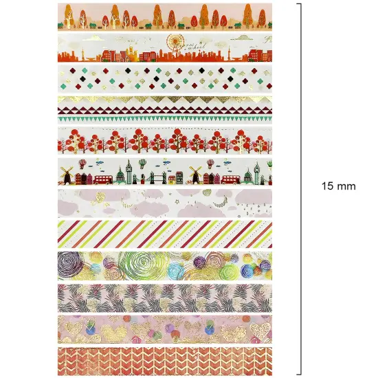 Wrapables Elegant Gold Foil Washi Tape Box Set for Arts & Crafts, Scrapbooking, Stationery, Diary (12 Rolls) Pink Festival {2}