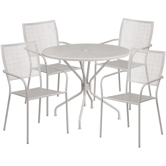 Emma and Oliver Commercial Grade 35.25" Round Metal Garden Patio Table Set, 4 Square Back Chairs Coral {5}