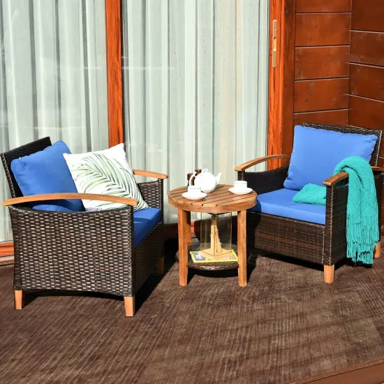 3 pcs Solid Wood Frame Patio Rattan Furniture Set Turquoise {7}