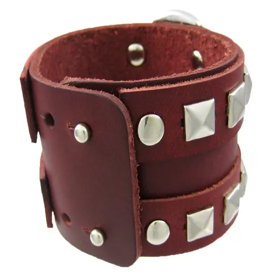 Brown Leather Double Chrome O Ring Wristband Bracelet {3}