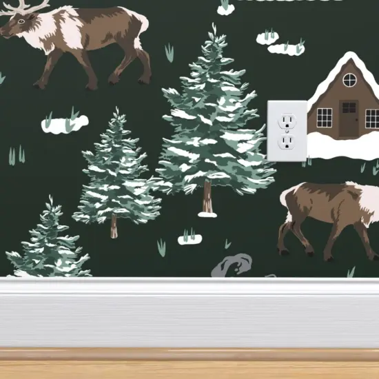 Peel & Stick Wallpaper 2FT Wide Green Cabin Winter Wonderland Christmas Reindeer Forest Cottage Snowy Alpine Holiday Cozy Chalets Custom Removable Wallpaper by Spoonflower {4}